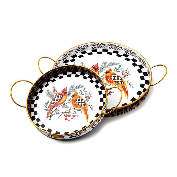 Mackenzie Child's Holiday Cardinal Round Metal Serving Trays, Set of 2 New - Picture 2 of 16